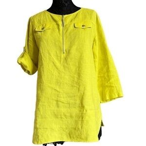 Ellen Tracy Green Yellow Chartreuse Linen Oversized 1/2 Zip Tunic Top Medium